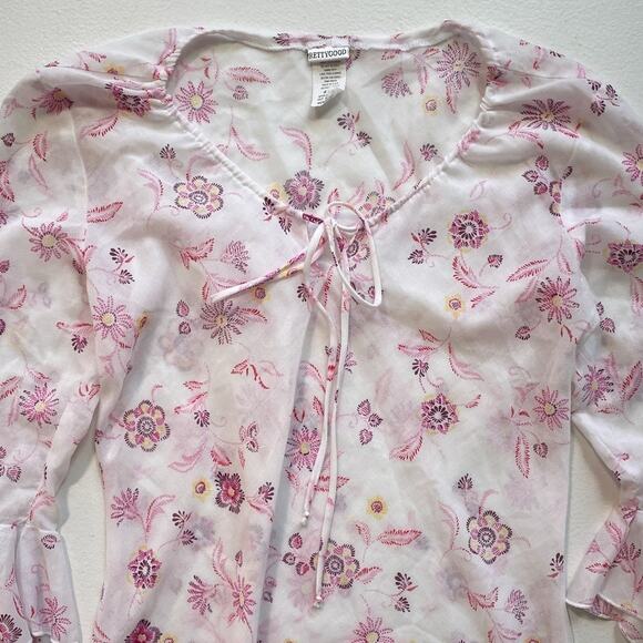 Vinage Y2K 90's Floral Fairy Top Flutter Sleeves / Sz M / Sheer Boho Hippie - Picture 3 of 9